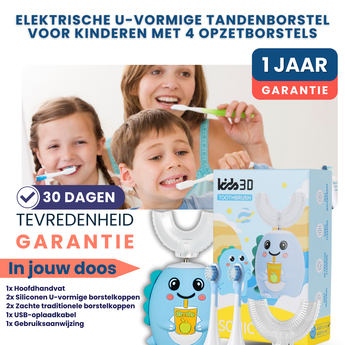 Elektrische U-vormige Tandenborstel voor Kinderen met 4 Opzetborstels